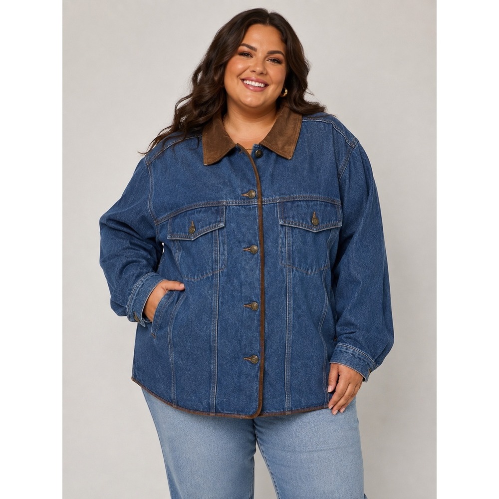 VINTAGE Carole Little Denim Barn Chore Coat Jacket Suede Collar Trim 3X Plus